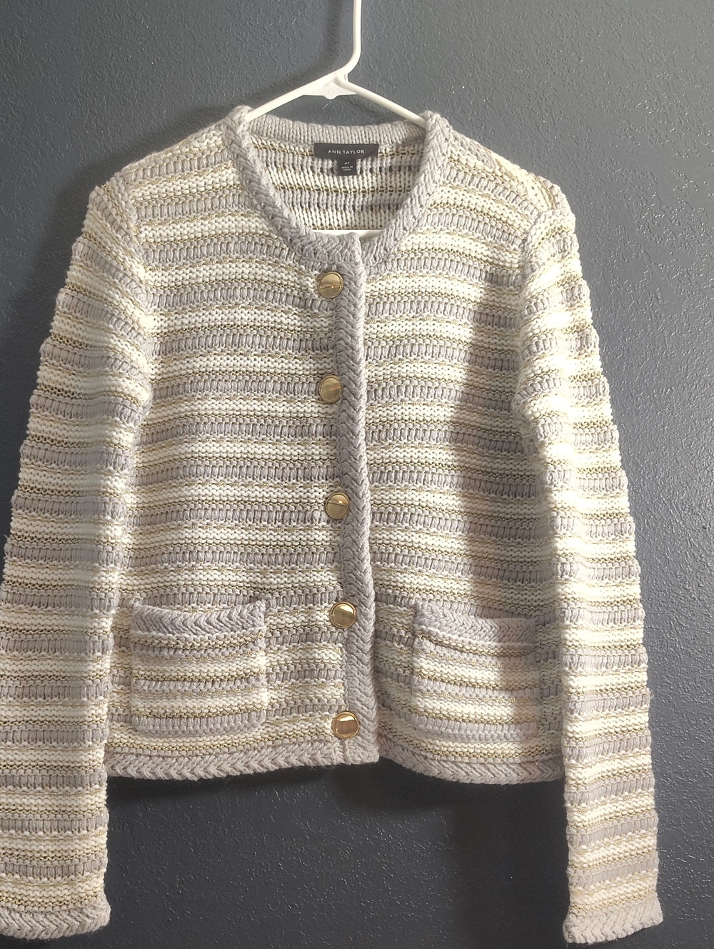Ann Taylor Lurex Tweed Lady Jacket Cardigan Metallic Gold Knit Preppy Crop MP